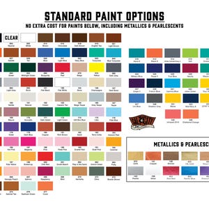 Puede incluir: Una carta de colores titulada STANDARD PAINT OPTIONS que muestra una cuadr&iacute;cula de muestras de pintura numeradas en varios tonos, incluyendo metalizados y nacarados. El gr&aacute;fico incluye un logotipo de Salt City y texto sobre costos.