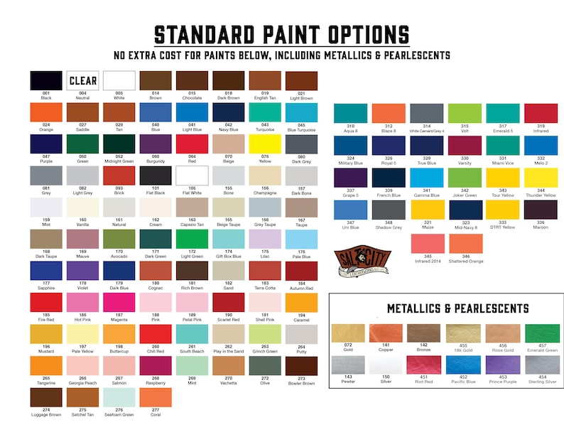 Puede incluir: Una carta de colores titulada STANDARD PAINT OPTIONS que muestra una cuadr&iacute;cula de muestras de pintura numeradas en varios tonos, incluyendo metalizados y nacarados. El gr&aacute;fico incluye un logotipo de Salt City y texto sobre costos.