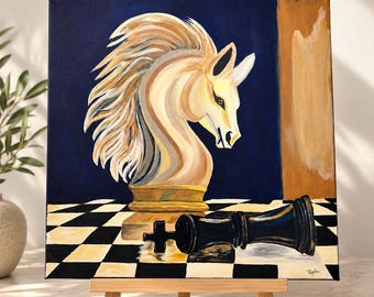 L'ultima mossa – Dipinto originale di cavallo e scacchi, tela 40 × 40 cm