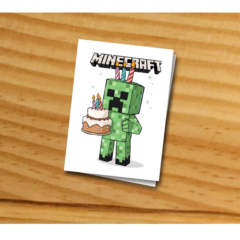 May include: A green Minecraft character holding a birthday cake with candles. The cake is decorated with brown icing and white sprinkles. The character is wearing a green hat with candles on top. The text "MINECRAFT" is written in white letters on a white background.