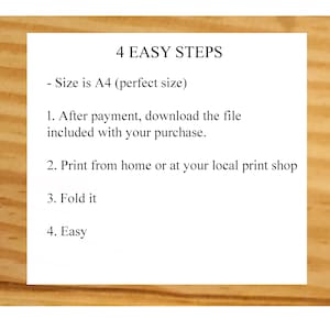 May include: A printable guide with four easy steps for assembling a product. The guide is printed on a wood-grain background and includes the text "4 EASY STEPS" and "Size is A4 (perfect size)".