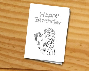 Frozen birthday card, Happy birthday card, coloring Elsa greeting card, Frozen Elsa card, DIY birthday card digital download printable card
