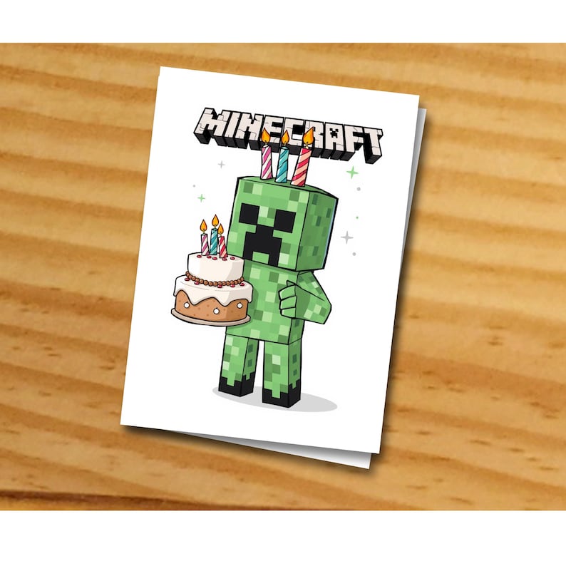 May include: A green Minecraft Creeper character holding a birthday cake with candles. The cake is decorated with white icing and sprinkles. The Creeper has a green face with a black mouth and eyes. The text "MINECRAFT" is above the Creeper.
