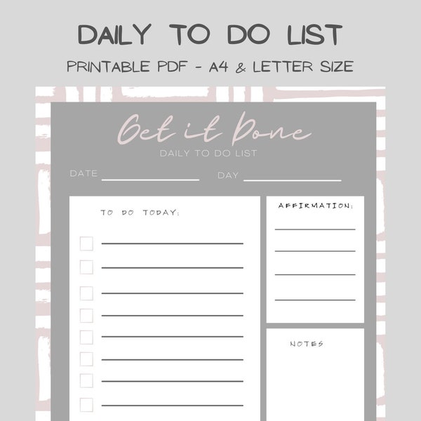 Daily Planner To Do List Digital Printable Template PDF / Minimalist, Pink, Gray
