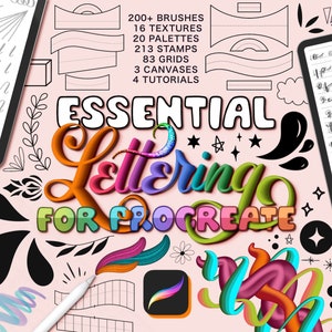 Pinceles esenciales para lettering en Procreate / Creador de cuadrículas / Conjuntos de pinceles digitales 3D / Cuadrículas y sellos de composición / para iPad / Lienzos con texturas predefinidas