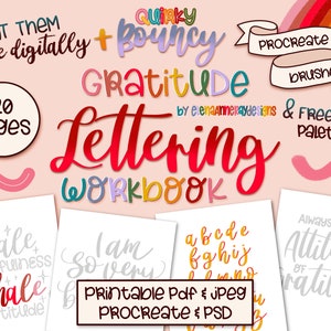 Cuaderno de trabajo de letras: hojas de letras imprimibles y digitales, gratitud, páginas de letras elásticas, Procreate, PDF, PSD y JPEG, pinceles Procreate