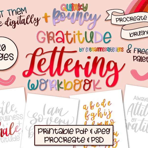 Lettering Workbook: Printable & Digital Lettering Sheets, Gratitude, Bouncy Lettering Pages, Procreate, PDF, PSD and JPEG, Procreate Brushes