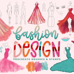 May include: Fashion design Procreate brushes and stamps.  A set of digital brushes and stamps for creating fashion illustrations.  The set includes a variety of brushes for creating different textures and effects, as well as stamps for adding details to your designs.
