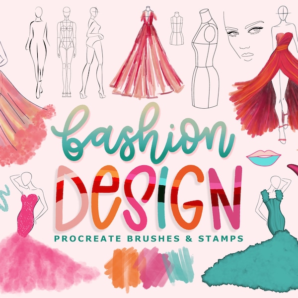 Modedesign Procreate Pinsel und Figurenzeichnung mit Farbpaletten, Aquarellfarben, Zeichenstiften und Markern für die Procreate App