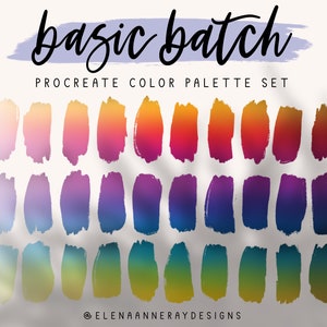 以下が含まれることがあります： ピンク、パープル、ブルー、グリーンのグラデーションカラーのサンプルがついた、Procreate用カラーパレット30個セット。"basic batch"と"@elenaannaraydesigns"のテキストが表示されています。