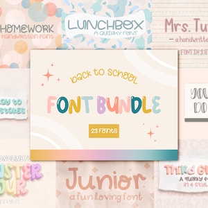 Paquete de fuentes de regreso a la escuela para tomar notas, planificadores, diseños de hojas de trabajo, carteles y letreros en el aula, conjunto de fuentes divertido para profesores y estudiantes