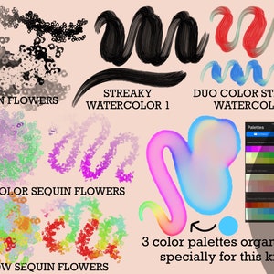 May include: A digital art kit featuring various brush strokes and sequin flower designs in different colors, including black, red, blue, green, purple, and rainbow. The kit includes three color palettes organized specifically for this kit.