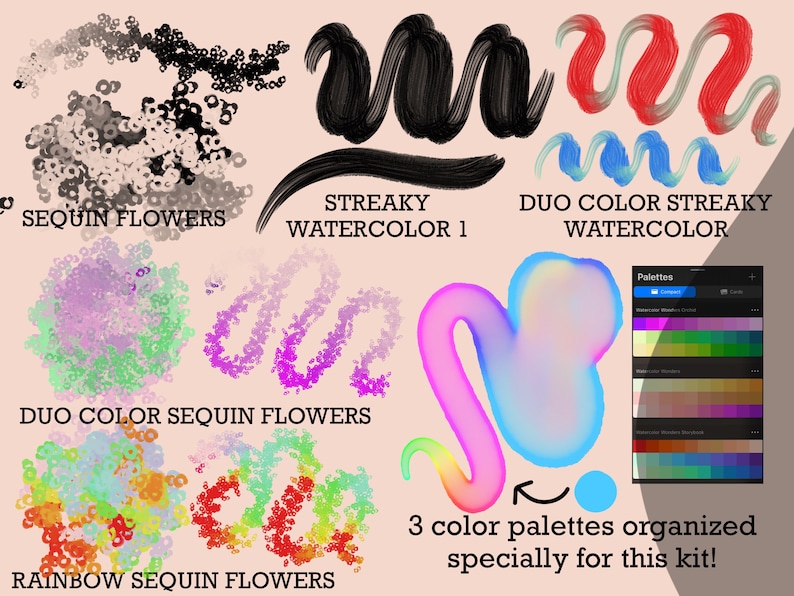 May include: A digital art kit featuring various brush strokes and sequin flower designs in different colors, including black, red, blue, green, purple, and rainbow. The kit includes three color palettes organized specifically for this kit.