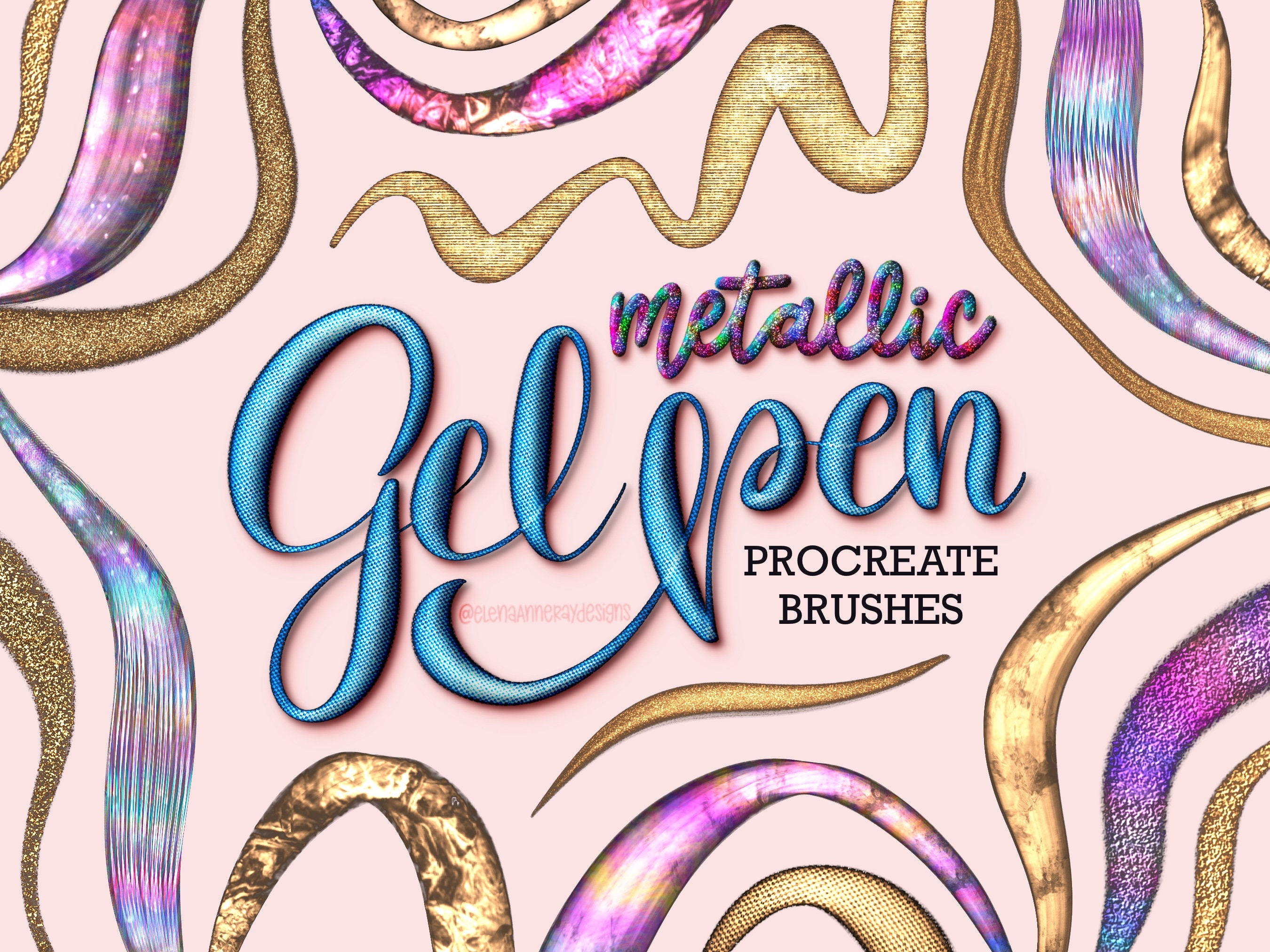 Pack de 60 pinceles Procreate de gel metálico y glitter con paletas de color + hojas de lettering