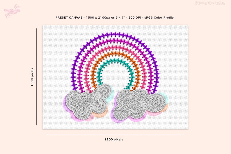 May include: Embroidered rainbow with two clouds on a white canvas background. The rainbow is made of six colours: purple, pink, orange, teal, orange, and purple. The clouds are grey with a white outline.
