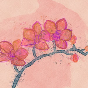 May include: A watercolor painting of pink orchid flowers with a light pink background. The flowers are drawn with a thick black outline and have a textured appearance.