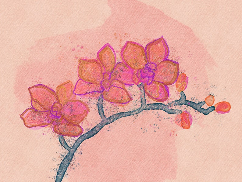 May include: A watercolor painting of pink orchid flowers with a light pink background. The flowers are drawn with a thick black outline and have a textured appearance.