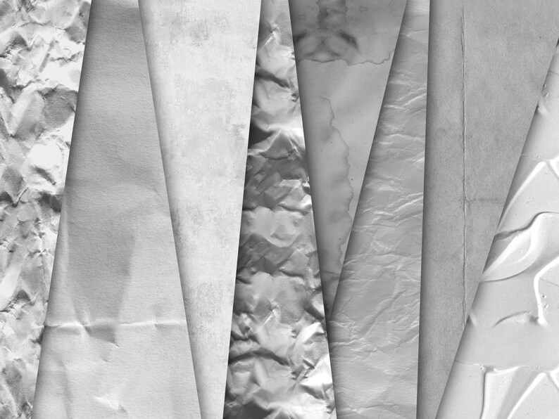 May include: A collection of grayscale paper textures, including crumpled, smooth, and textured surfaces. The image showcases a variety of paper types, with varying shades of gray and white, creating a visually interesting collage. Ideal for digital art or background designs.