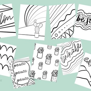 May include: Black and white printable coloring pages featuring various designs and phrases, including "calm", "be still", "peace", "inhale", "exhale", and a cactus pattern.