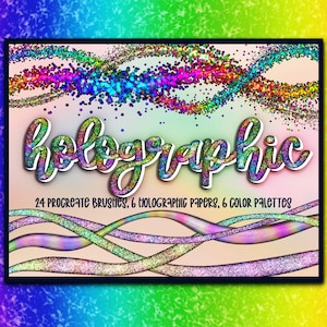 24 holografische glitterpenselen voor Procreate, een set metallic textuurpenselen met kleurveranderende effecten.
