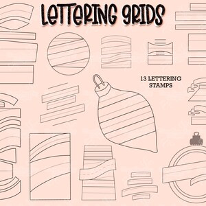 May include: A set of 13 printable lettering grids for creating custom lettering. The grids are in black and white and feature a variety of shapes and sizes. The text "13 LETTERING STAMPS" is included in the image.