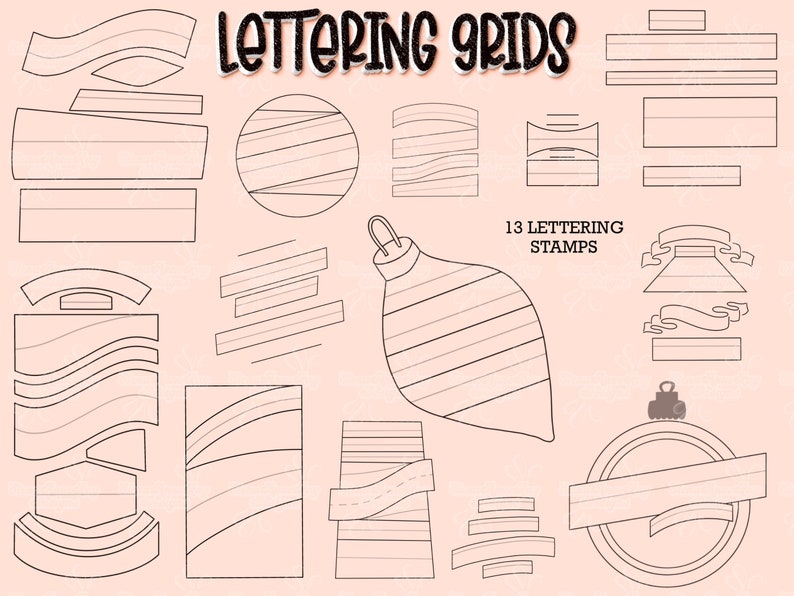 May include: A set of 13 printable lettering grids for creating custom lettering. The grids are in black and white and feature a variety of shapes and sizes. The text "13 LETTERING STAMPS" is included in the image.