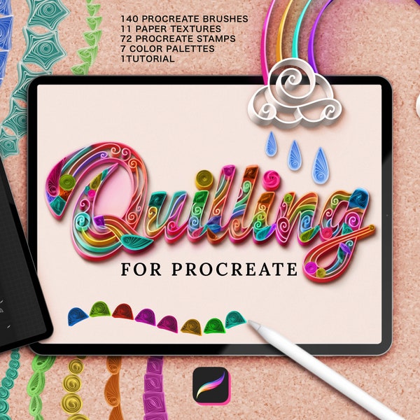 Procreate Brushes | Quilling Kit | Digital Paper Art Set for Procreate | iPad Brushes | Quilled Shape Stamps | Tutorial & Color Palette Set