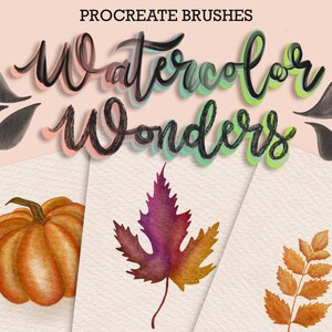 May include: Three watercolor illustrations of autumnal elements: a pumpkin, a maple leaf, and a fern. The illustrations are painted in warm, earthy tones.