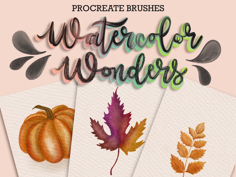 May include: Three watercolor illustrations of autumnal elements: a pumpkin, a maple leaf, and a fern. The illustrations are painted in warm, earthy tones.