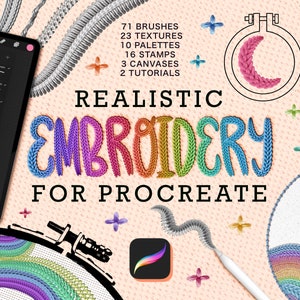 Realistic Embroidery Procreate Brushes | Digital Art Kit for Procreate | iPad Brushes | Preset Texture Canvases | Tutorials & Color Palettes