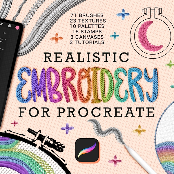 Realistic Embroidery Procreate Brushes | Digital Art Kit for Procreate | iPad Brushes | Preset Texture Canvases | Tutorials & Color Palettes