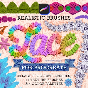 Pode incluir: Imagem mostrando pincéis digitais para Procreate, com a palavra "Lace" em gradiente arco-íris. O design inclui vários padrões de renda, elementos florais e o texto "Realistic Brushes" e "For Procreate".