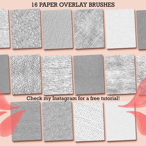 May include: A set of 16 digital paper overlay brushes. The brushes feature different textures, including lines, dots, and woven patterns. The brushes are in shades of gray and white. The text "Check my Instagram for a free tutorial!" is displayed below the brushes.