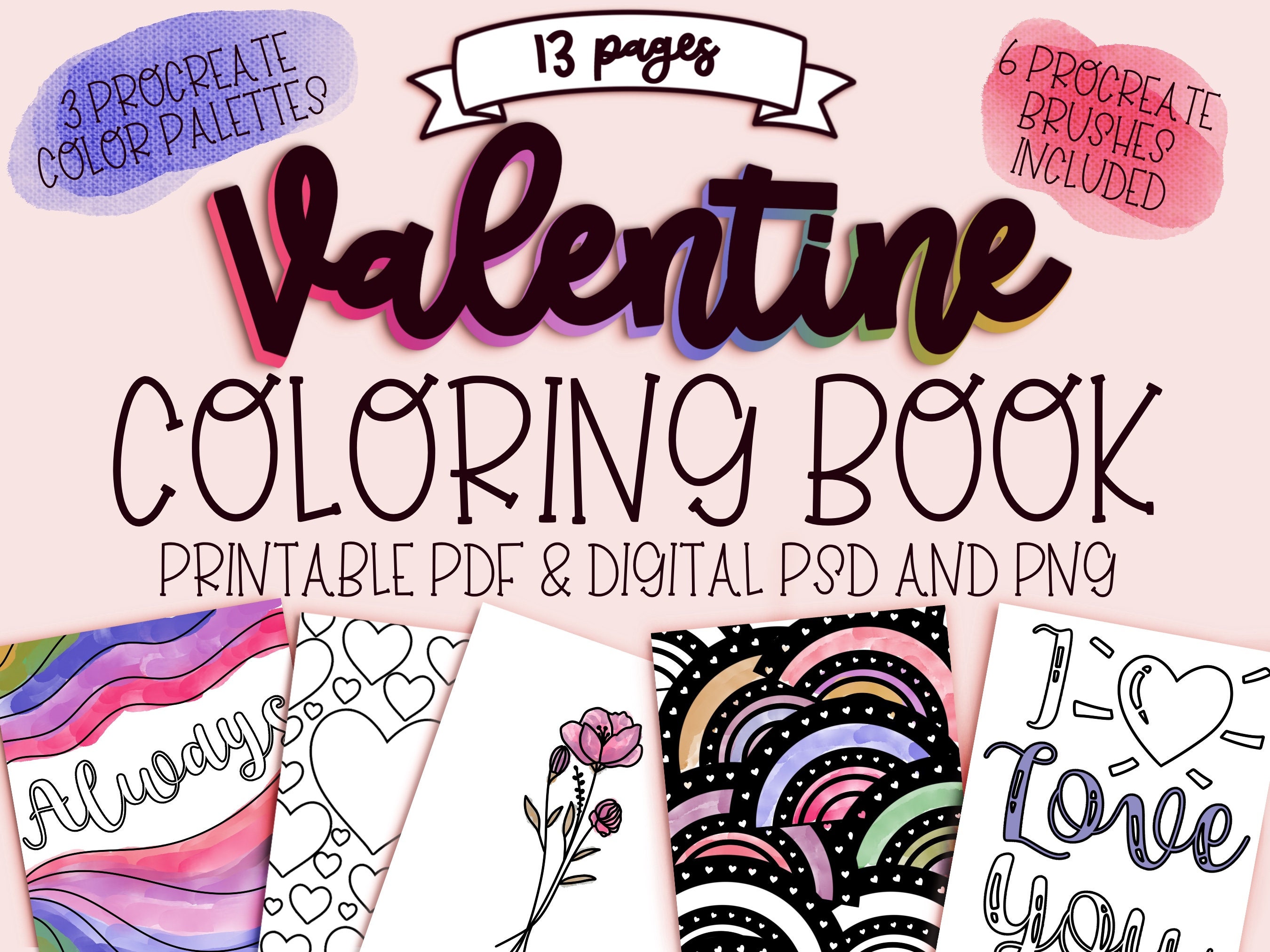 Valentineâs Day Printable Coloring Book â Floral Love Pages + Procreate Brushes & Palettes (PDF/PNG/PSD)