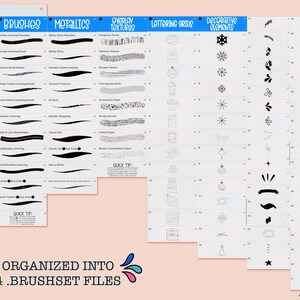 May include: A digital illustration of a brush library with a variety of brushes, textures, lettering grids, and decorative elements. The image includes the text "Brush Library", "Brushes", "Metallic", "Overlay Textures", "Lettering Grids", "Decorative Elements", "Quick Tip", "Organized into 4 Brushset Files", and "And More!"