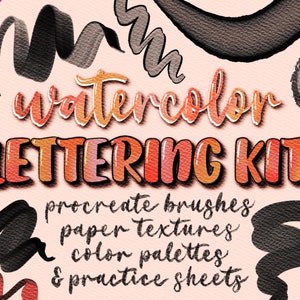 Pennelli per lettere ad acquerello Procreate per calligrafia elastica per iPad, fogli pratici per la creazione di lettere, texture della carta e tavolozze di colori, pennello digitale