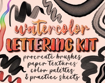 Procreate Watercolor Lettering Brushes for Bouncy iPad Calligraphy, Lettering Practice Sheets, Paper Textures and Color Palettes