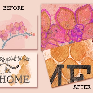 May include: A watercolor painting of a pink orchid with a honeycomb pattern and the text "it's good to bee home".
