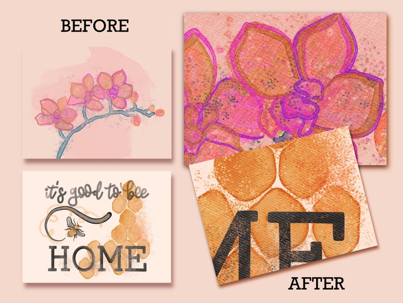 May include: A watercolor painting of a pink orchid with a honeycomb pattern and the text "it's good to bee home".
