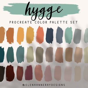 May include: A digital color palette set for Procreate, featuring 24 muted and earthy tones. The palette is named "hygge" and is designed for use in digital art and design.