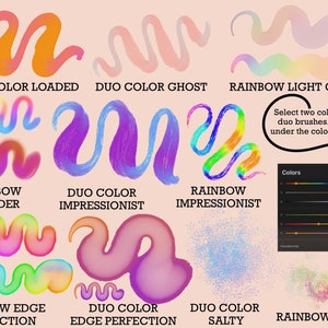 May include: A digital illustration showing different brush stroke styles for digital art. The brush styles include "Duo Color Loaded", "Duo Color Ghost", "Rainbow Light Glaze", "Rainbow Blender", "Duo Color Impressionist", "Rainbow Impressionist", "Rainbow Edge Perfection", "Duo Color Edge Perfection", "Duo Color Salty", and "Rainbow Salty".
