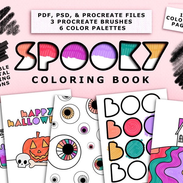 Spooky Coloring Book, Cute Halloween Themed Pages With Procreate, PSD & PDF File Options - Comes With Procreate Brushes and Color Palettes