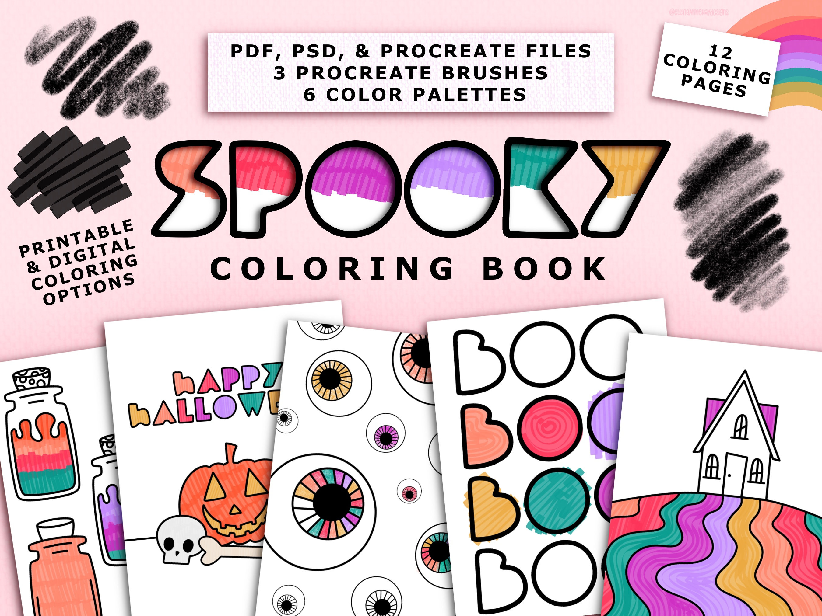 Libro de colorear Spooky – Páginas de Halloween lindas para Procreate, PSD y PDF imprimible con pinceles y paletas