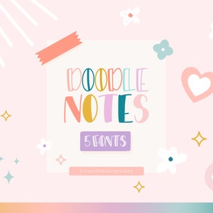 May include: A pink background with a white rectangle containing the text "Doodle Notes 5 Fonts" and the text "elenabarneradesigns". The rectangle is decorated with a pink and orange washi tape. The background is decorated with white flowers, pink hearts, and gold and purple stars.
