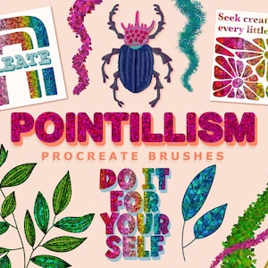 Puede incluir: Un conjunto de pinceles de Procreate para crear arte puntillista. Los pinceles están diseñados para crear una variedad de efectos, desde puntos delicados hasta trazos audaces. El conjunto incluye una variedad de colores, incluyendo rosa, verde, azul y amarillo. Los pinceles son perfectos para crear obras de arte únicas y llamativas.