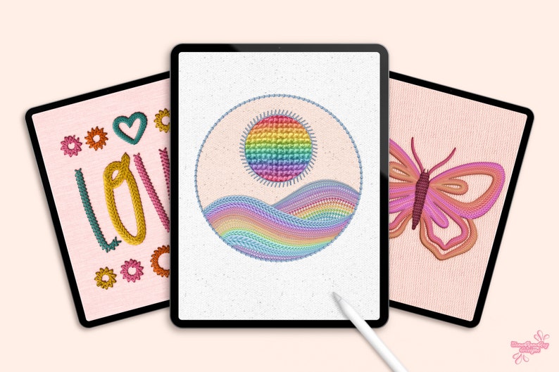 May include: Three digital illustrations of embroidered designs on a pink background. The first design is the word "LOVE" in colourful embroidery. The second design is a rainbow sun and waves in a circle. The third design is a pink butterfly with orange accents.