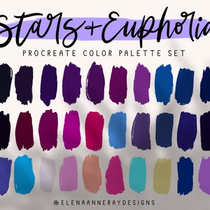 May include: A digital color palette set for Procreate called "Stars + Euphoria" with 24 color swatches in shades of blue, purple, pink, and teal.