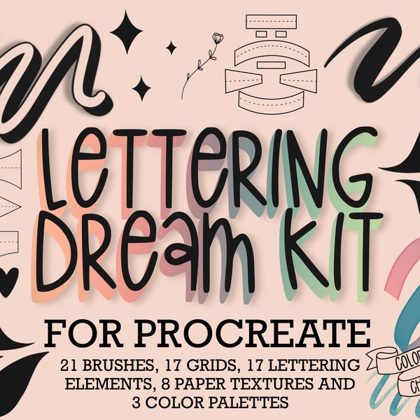 Procreate Brushes | Grid Builder | Glitter Brush | Lettering Compositions | Paper Textures & Color Palettes