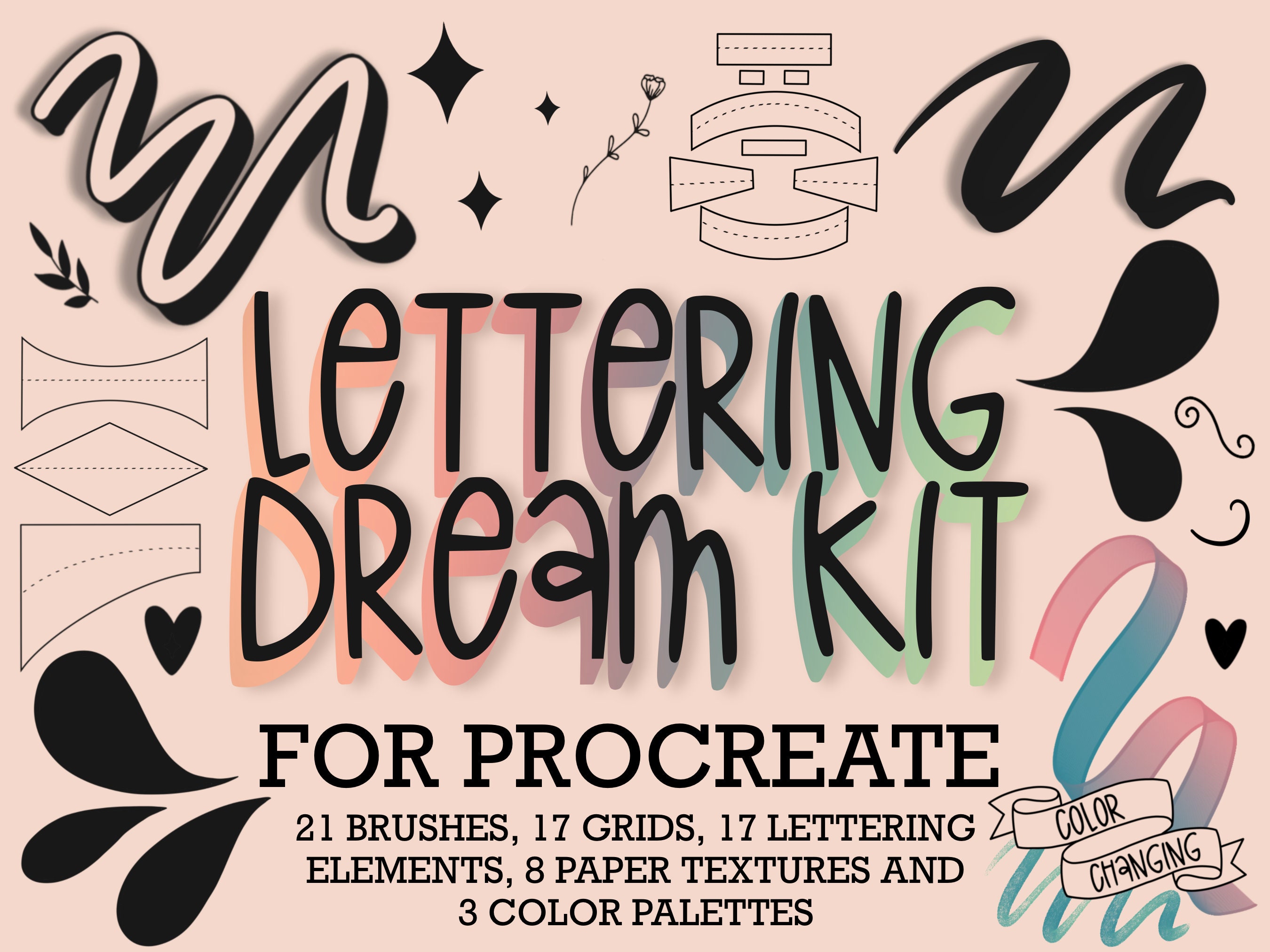 Kit de pinceles de lettering para Procreate y grid builder con glitter, texturas, adornos y paletas de color