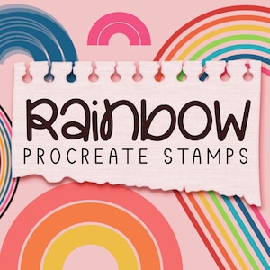 Op de afbeelding: Een gescheurd wit papiertje met de tekst "Rainbow Procreate Stamps" op een roze achtergrond met regenboogontwerpen.